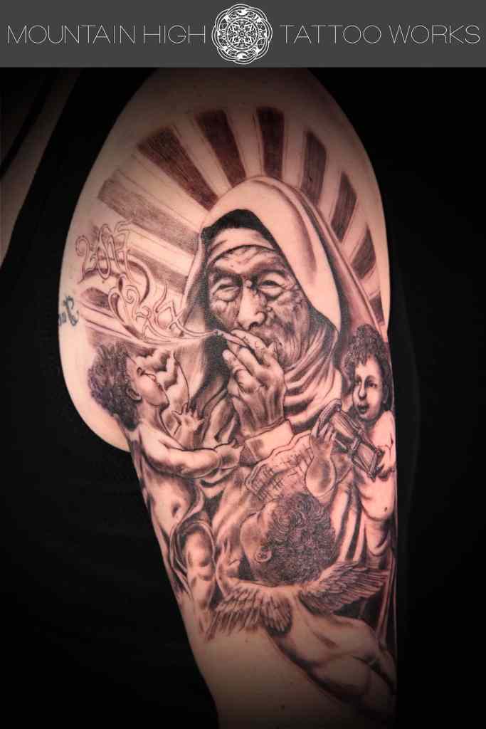 実のお祖母様をマリアに見立てたタトゥー 札幌のタトゥースタジオ Mountain High Tattoo Works作品集